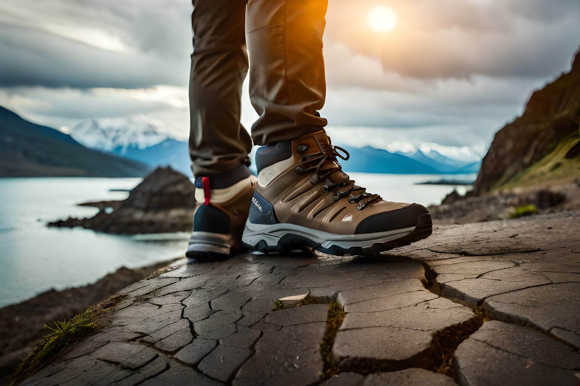 Men's outdoor boots ideal for camping and travel, showcasing rugged design against a scenic landscape at revlando.com.