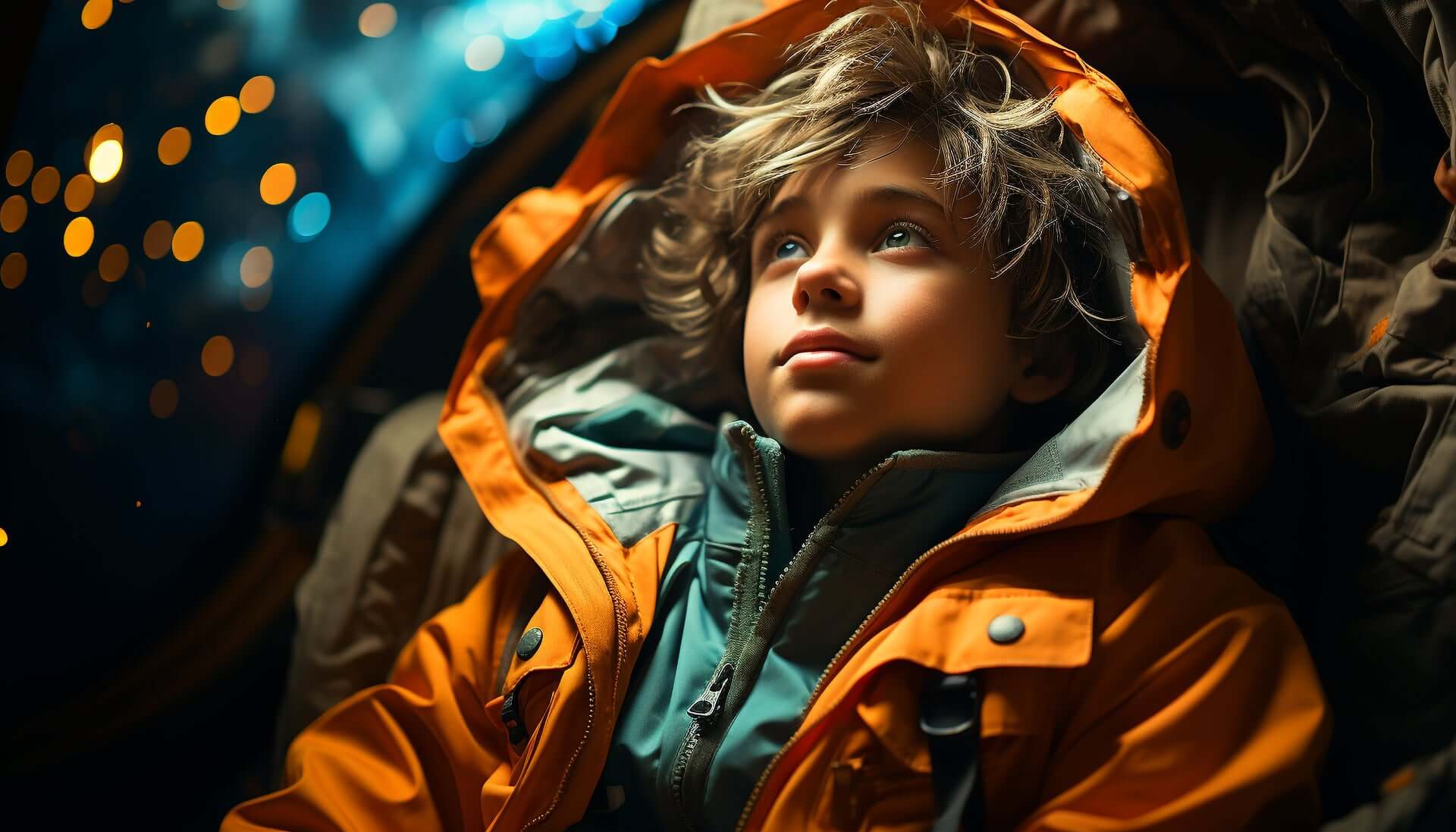 Child in orange outdoor jacket gazing up, perfect for camping and travel, showcasing kids' junior jackets from revlando.com.