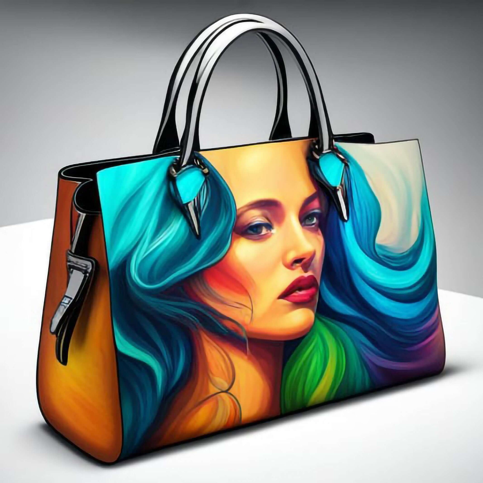 Colorful handbag featuring a vibrant portrait design, perfect for outdoor adventures and travel from revlando.com.