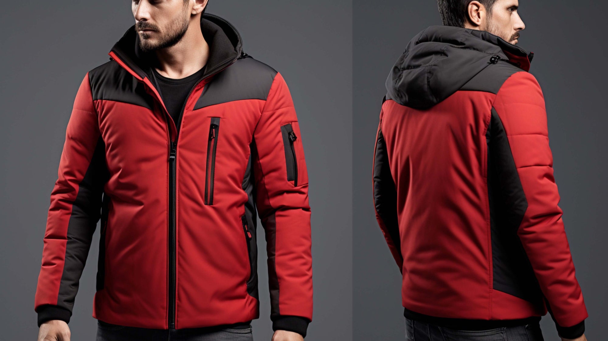 Men's red outdoor jacket with black accents; perfect for camping and travel from revlando.com.