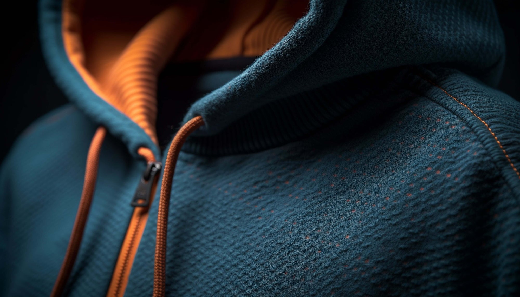 Close-up of a blue and orange men's fleece hoodie, perfect for outdoor adventures and travel from revlando.com.