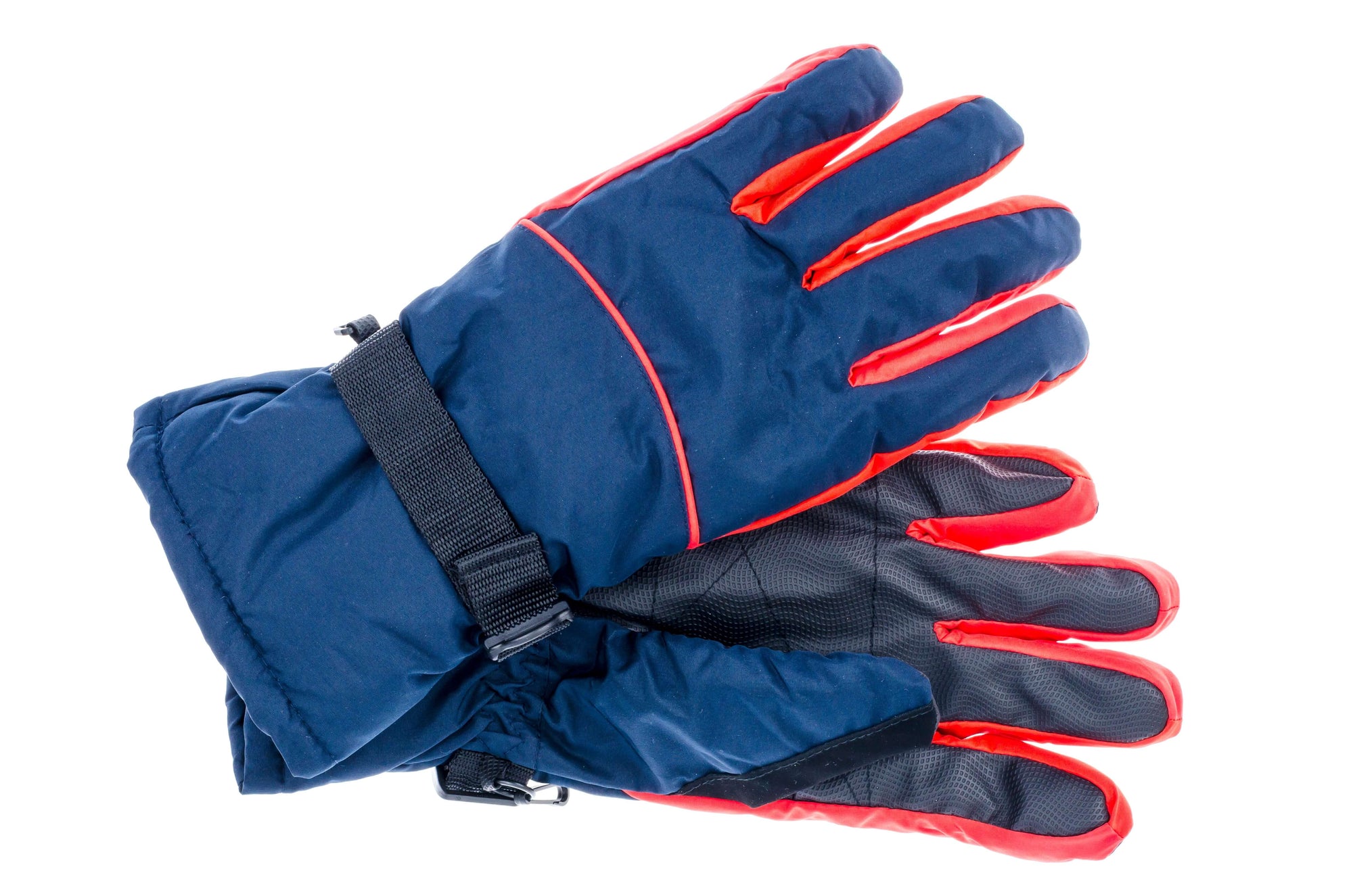Man's outdoor gloves in navy and red, ideal for camping and travel, available at revlando.com.