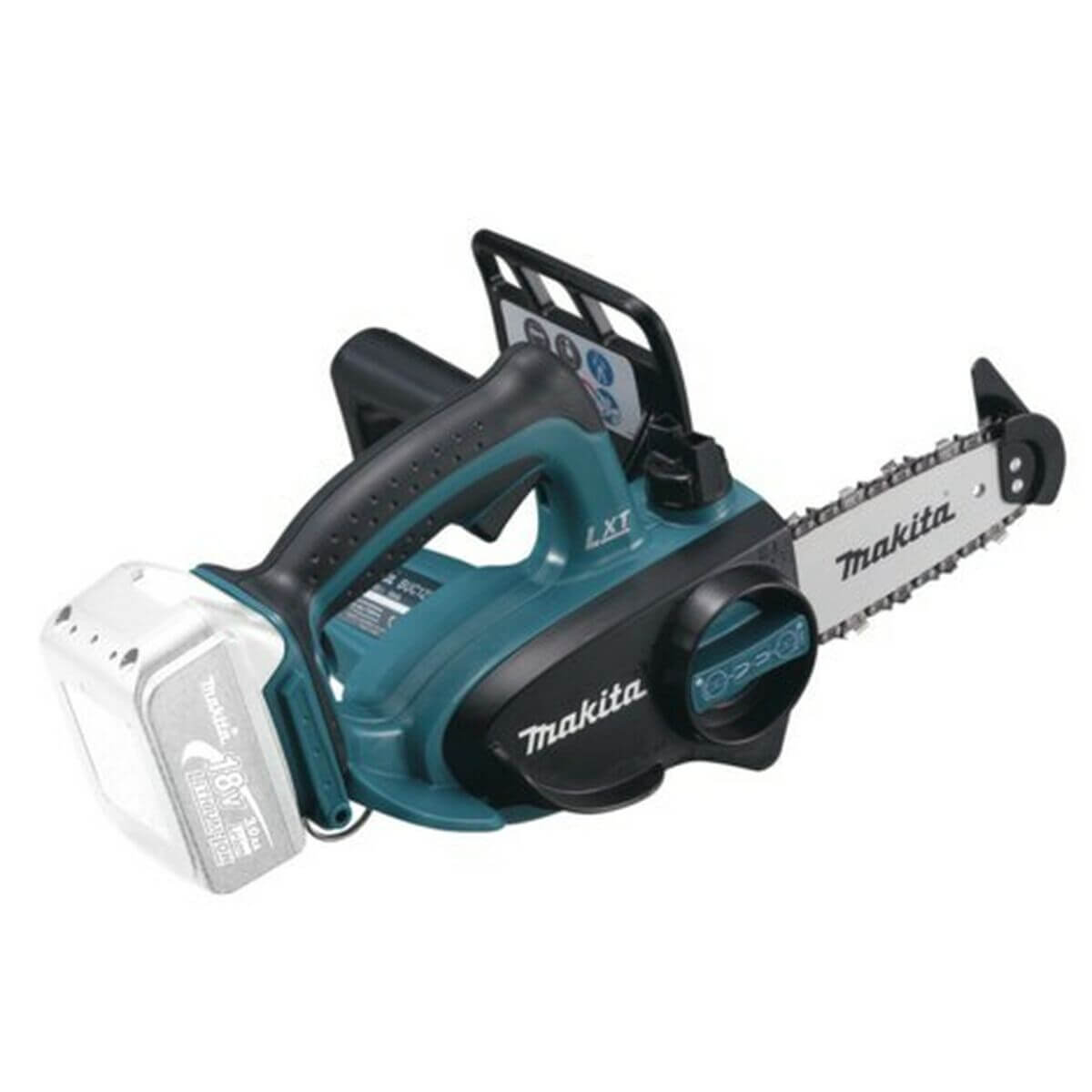 Battery Chainsaw Makita DUC122Z in blue and black, ideal for outdoor use and camping adventures.