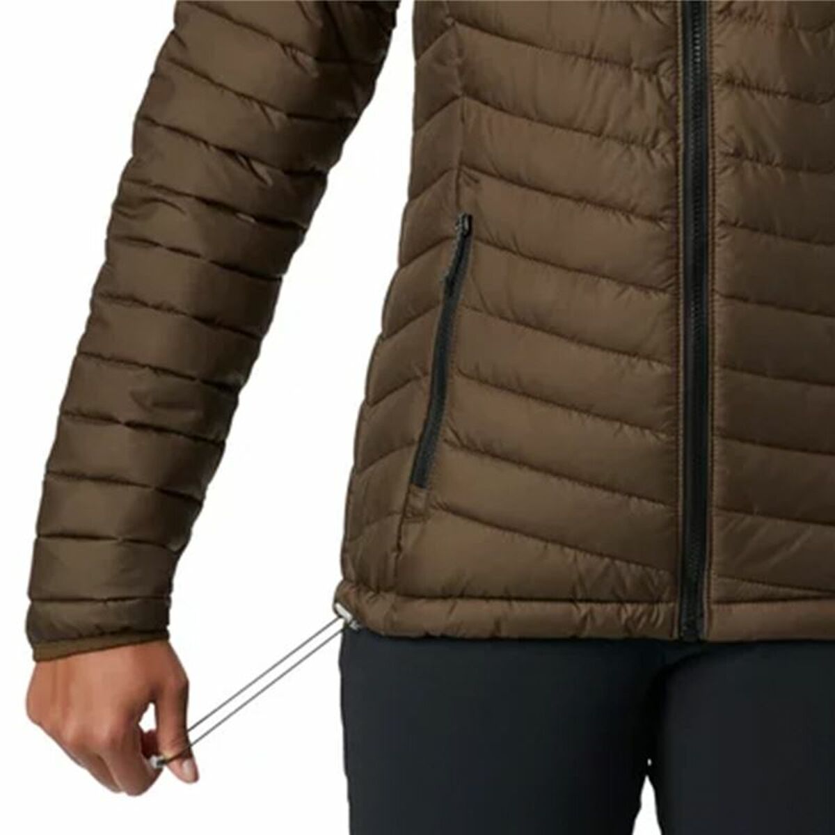 Women's Columbia Powder Lite Olive sports jacket with hood, perfect for outdoor adventures and camping.