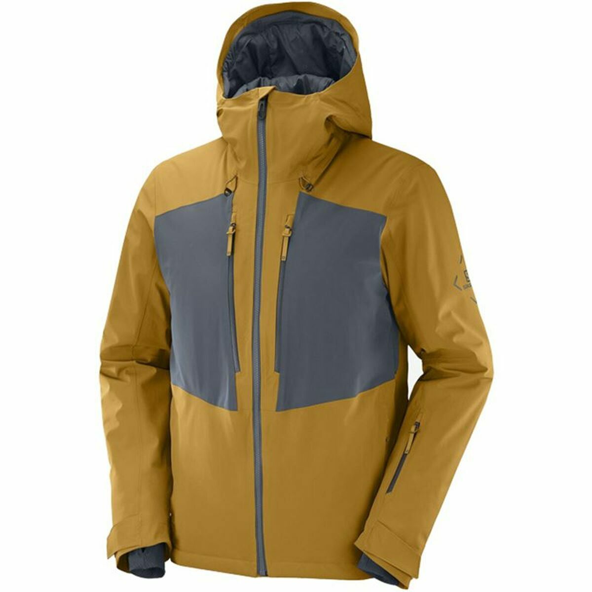 Men's Salomon Highland M sports jacket in brown and gray, perfect for outdoor adventures and camping.