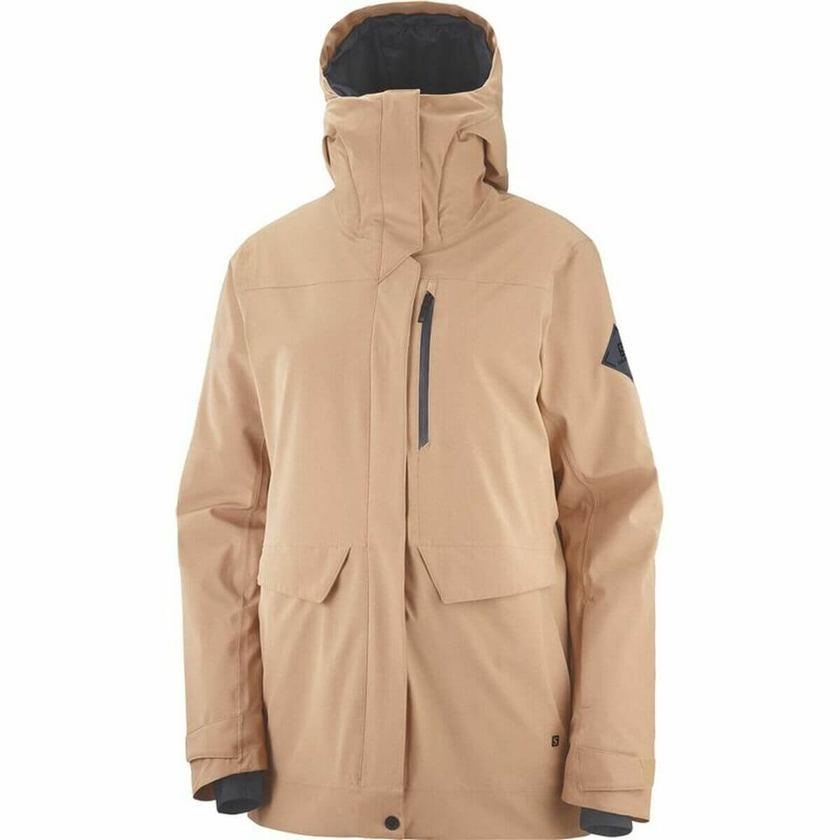 Ski jacket for outdoor adventures, featuring a beige color and stylish design. Perfect for camping and winter sports.