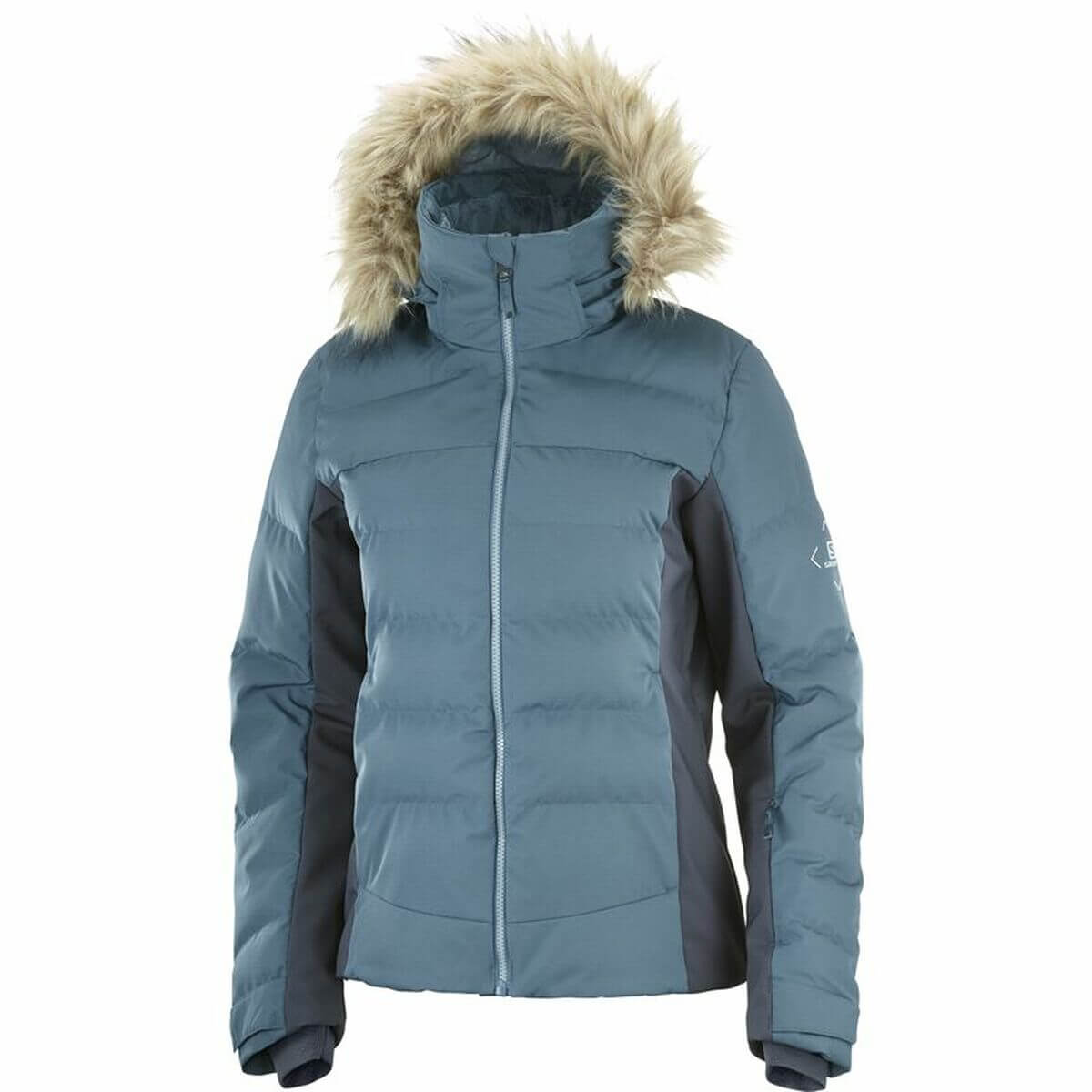 Light blue ski jacket for women with fur-lined hood, ideal for outdoor adventures and camping. Available at revlando.com.