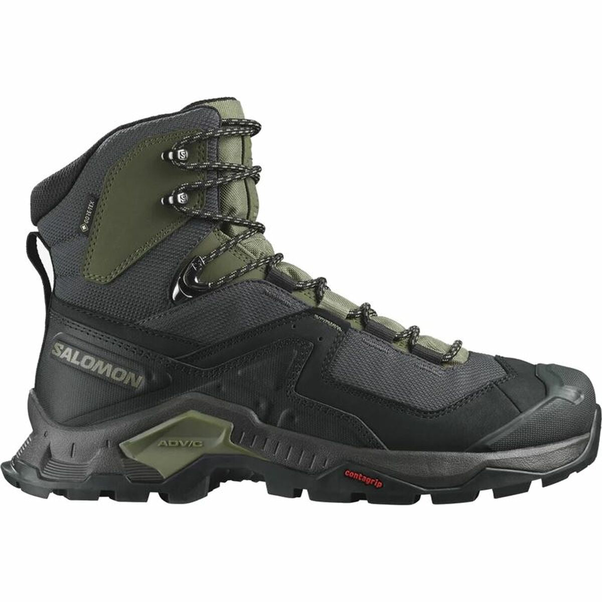 Salomon Quest Element Gore-Tex black green hiking boots for outdoor adventures and camping.