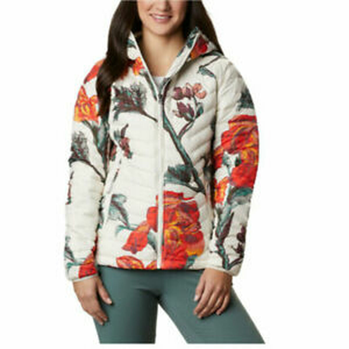 Women's Columbia Powder Lite sports jacket in floral pattern, ideal for outdoor adventures and camping, available at revlando.com.