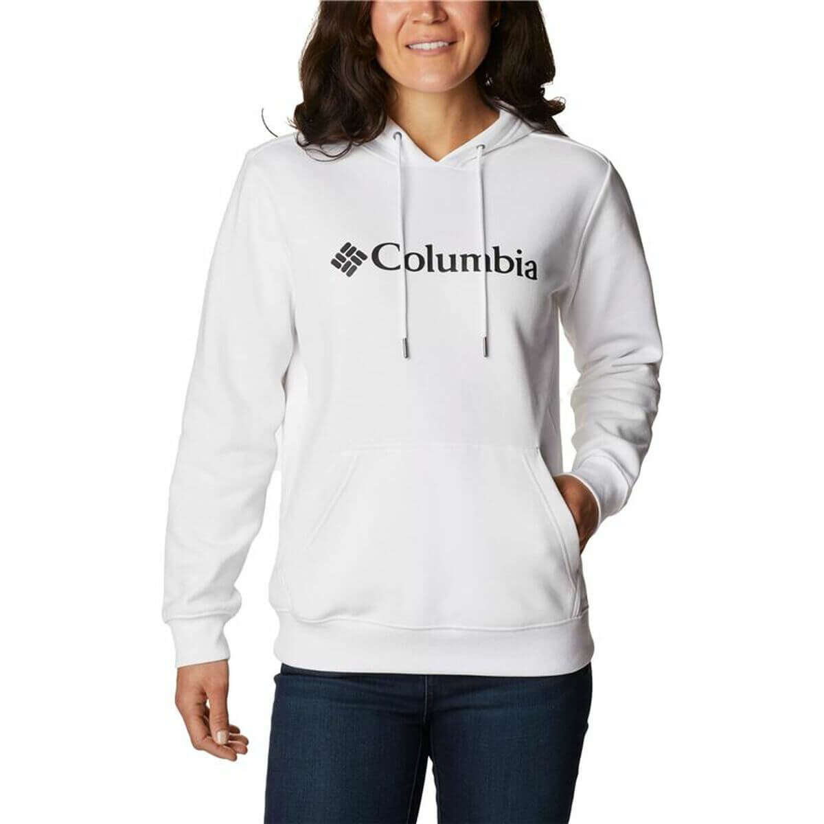 Women’s white hoodie with Columbia logo, ideal for outdoor adventures and camping, from revlando.com.