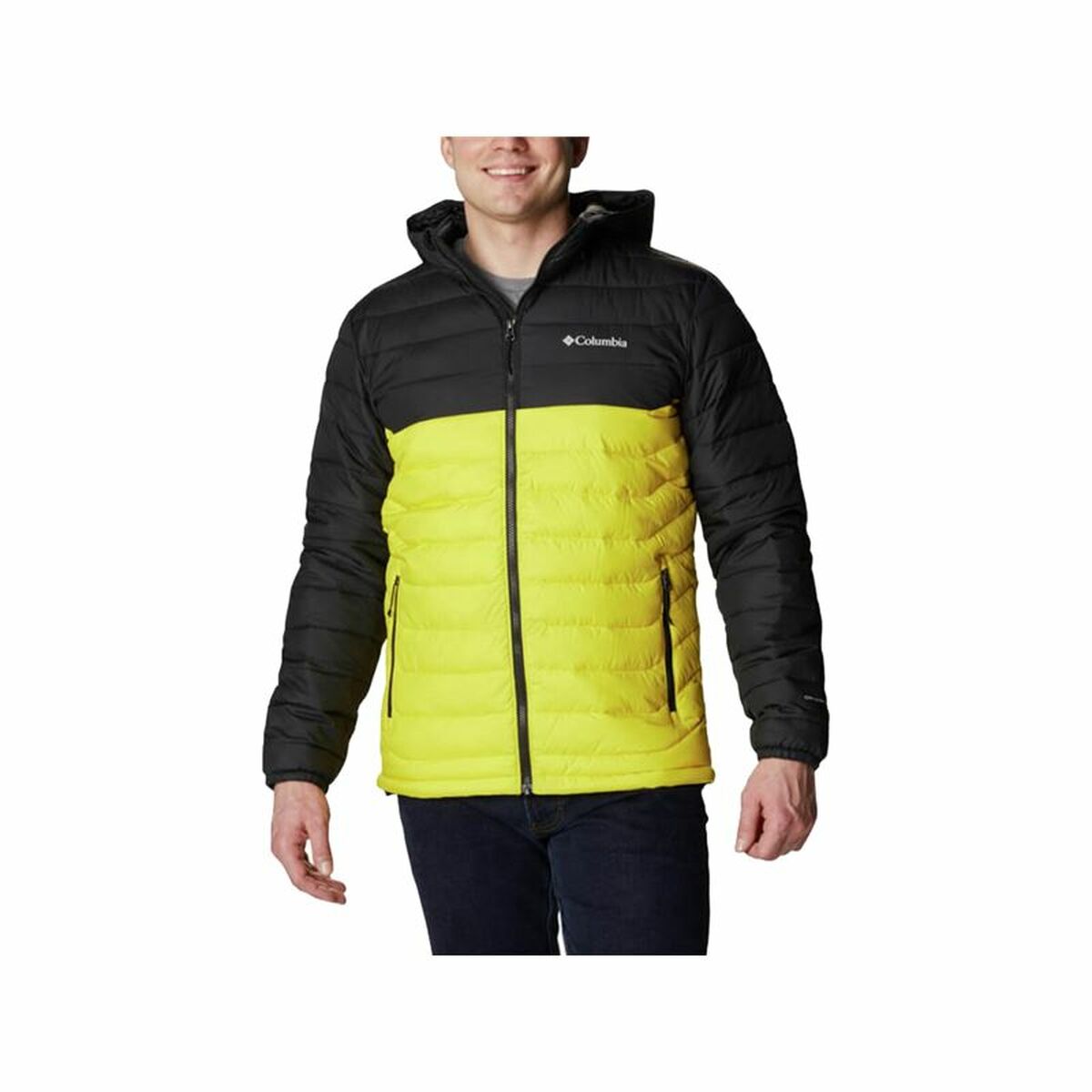 Men's Columbia Powder Lite™ Sports Jacket in black and yellow, perfect for outdoor adventures and camping activities.