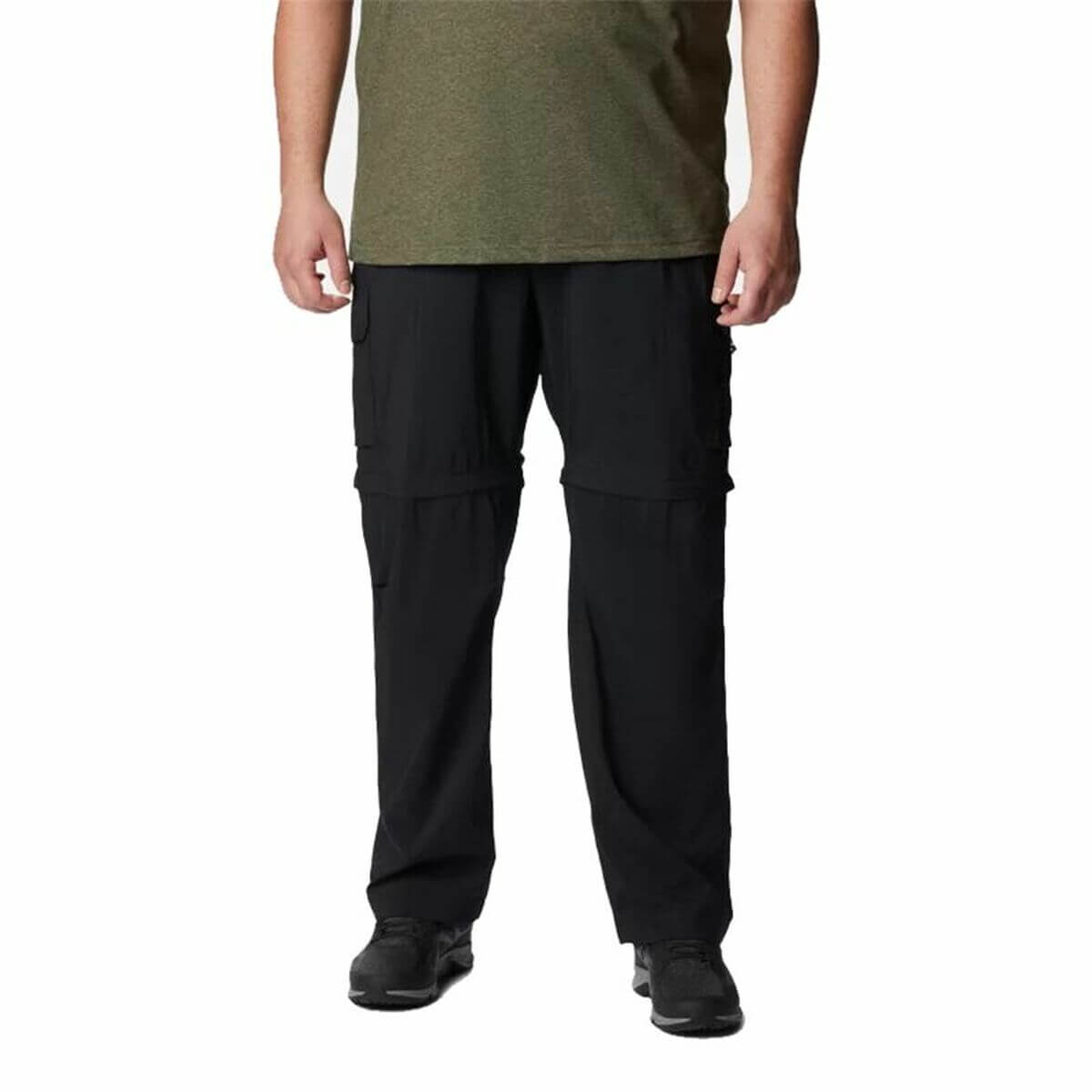 Men wearing black Columbia Silver Ridge long sports trousers, ideal for outdoor adventures and camping.