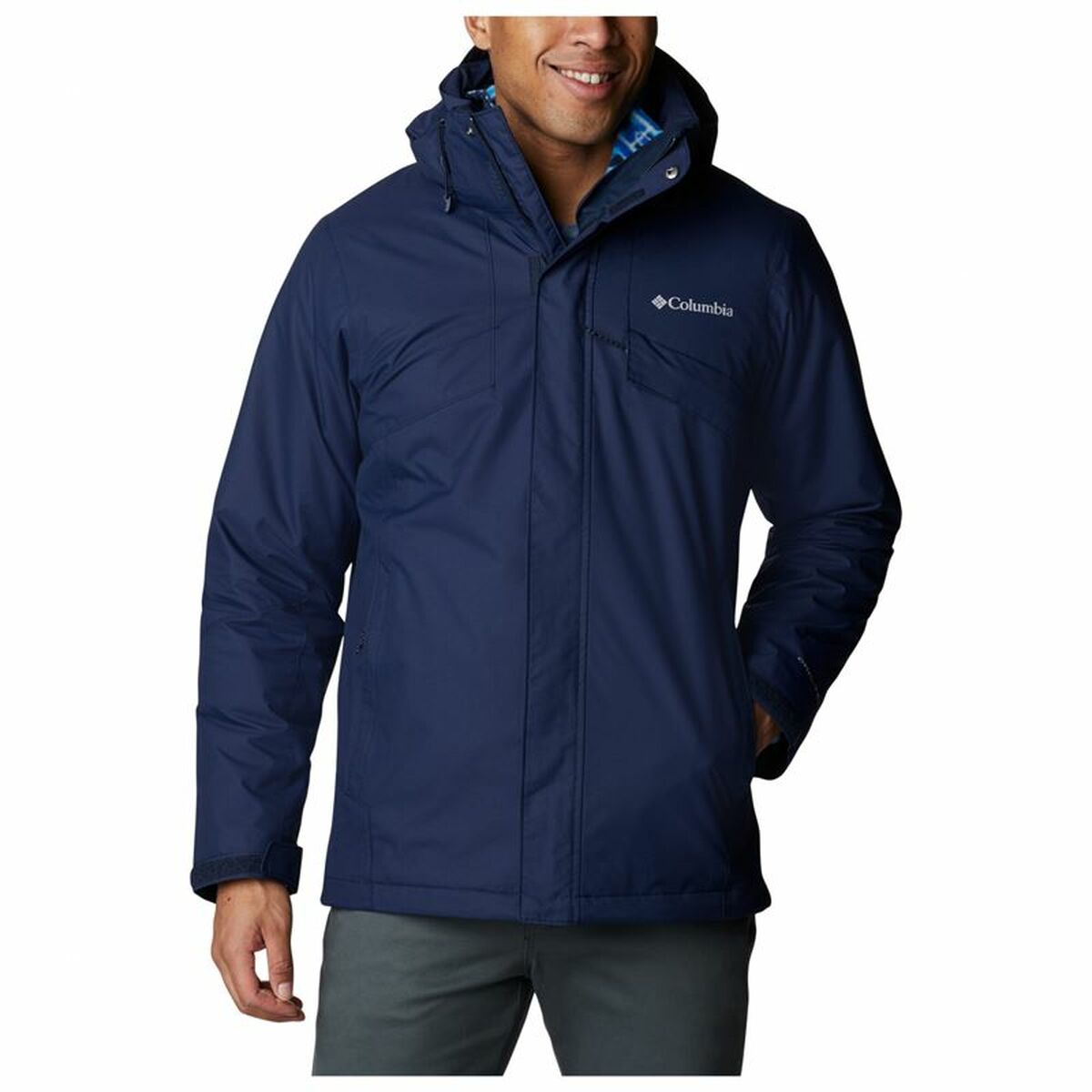 Men's Columbia Bugaboo II dark blue sports jacket designed for outdoor adventures and camping.