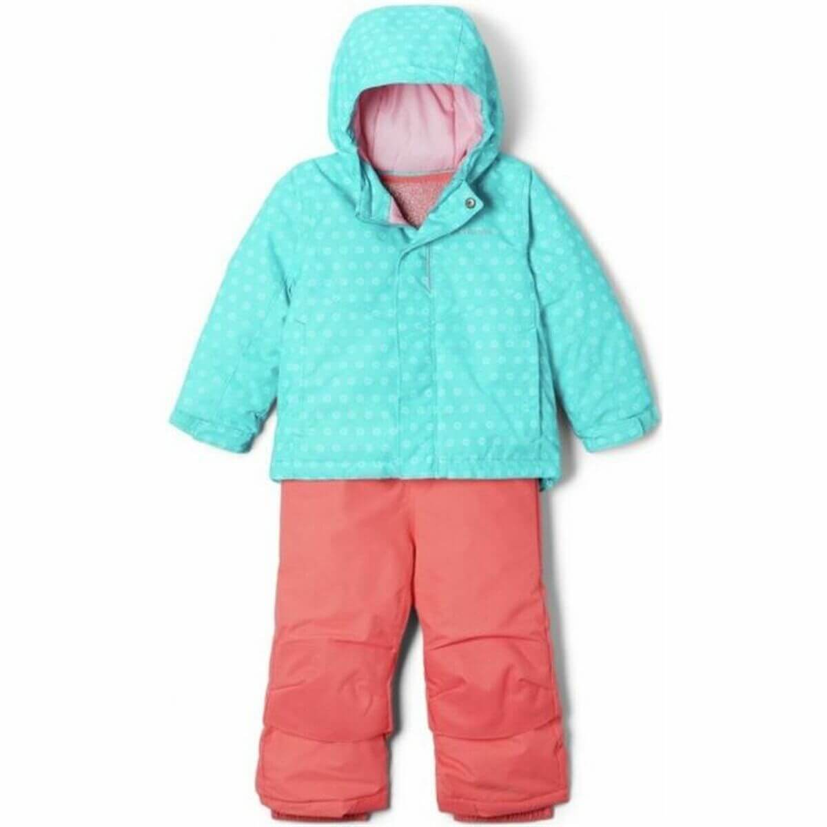 Children's Columbia Buga™ outdoor sports outfit in aquamarine and coral, ideal for winter adventures and camping.