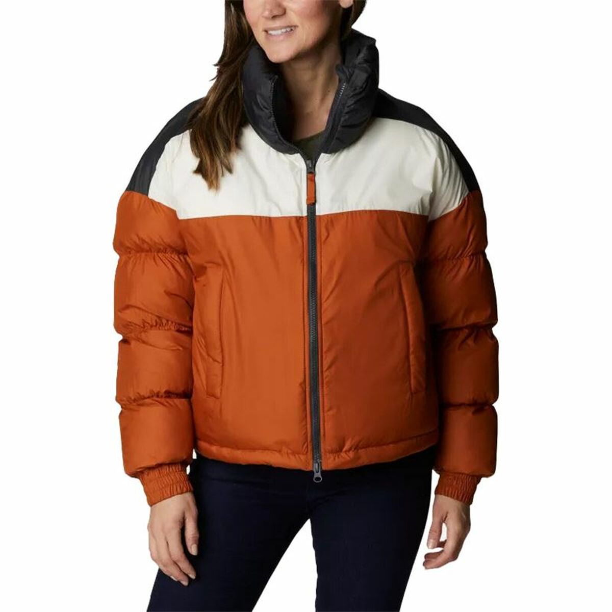 Warm women's sports jacket in orange, white, and black colors, ideal for outdoor adventures and camping.