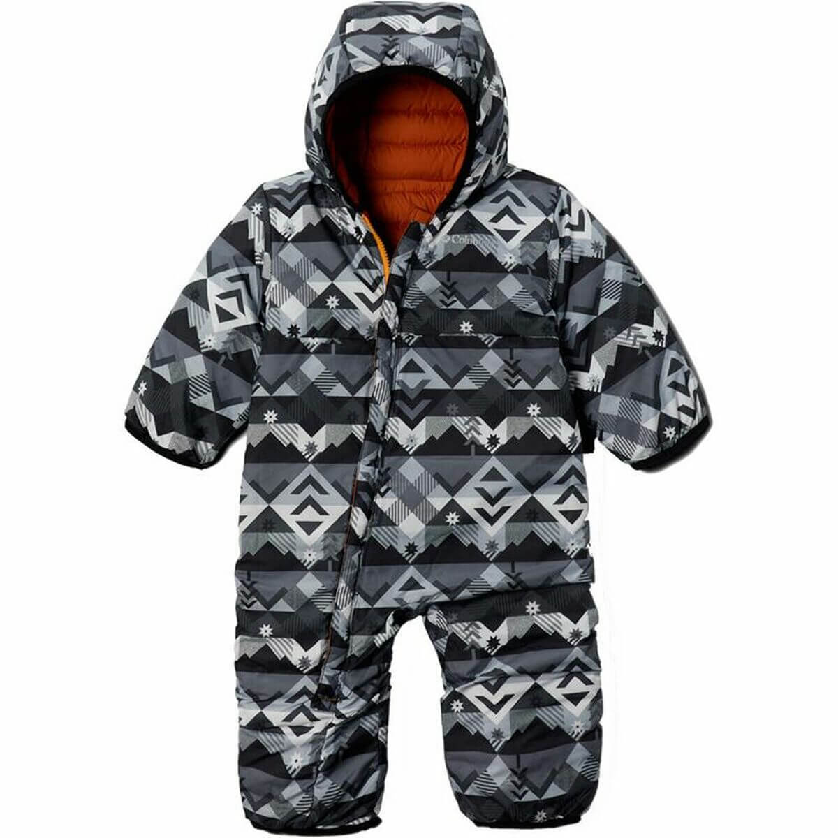 Children's reversible jumpsuit in orange and black for outdoor adventure; ideal for camping. Buy at revlando.com.