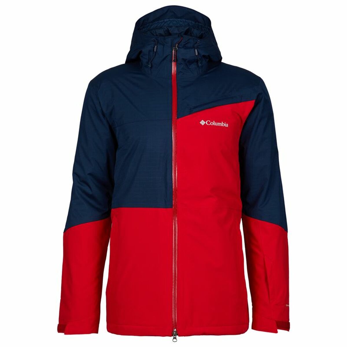 Men's Columbia Iceberg Point Sports Jacket in red and blue, ideal for outdoor adventures and camping.