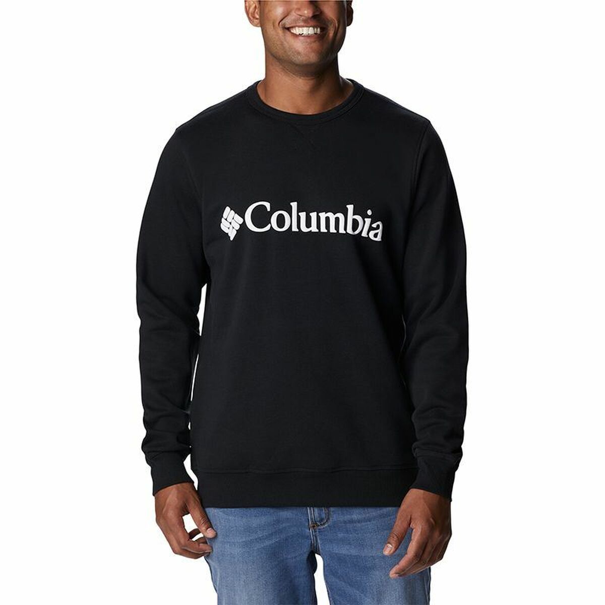 Men's black Columbia logo fleece crew sweatshirt for outdoor adventures and camping from revlando.com.