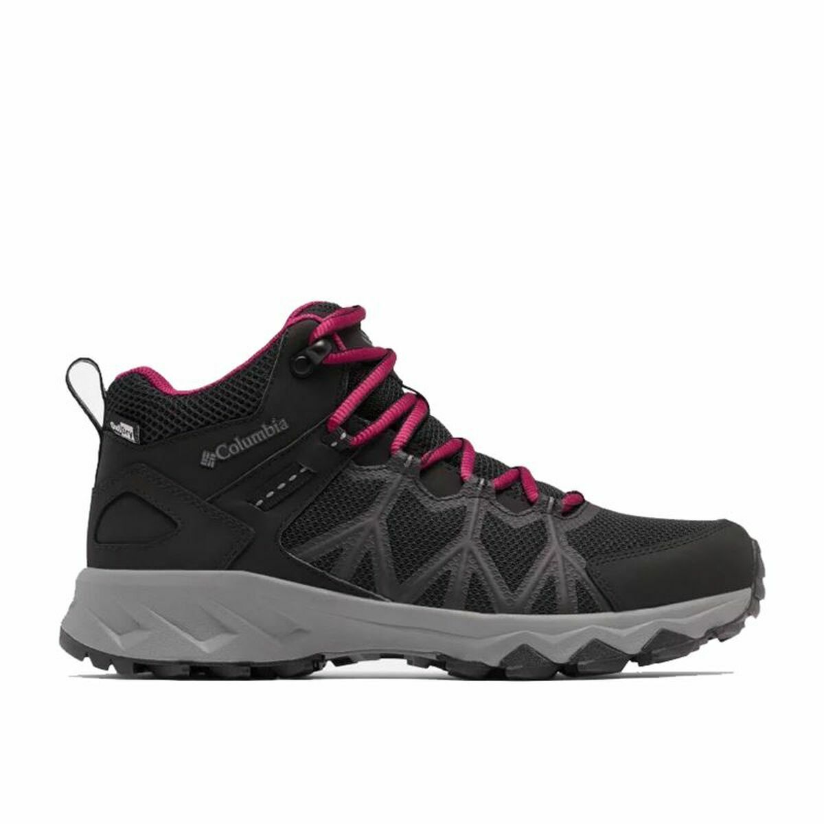 Columbia Peakfreak III Outdry Lady Black hiking boots for outdoor adventures and camping, featuring stylish pink accents.