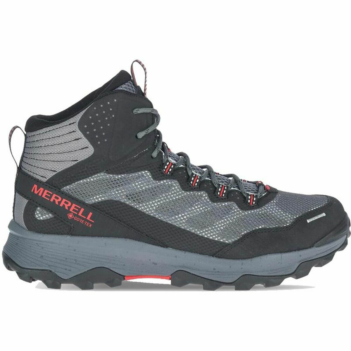 Merrell Speed Strike Mid Grey hiking boots for outdoor adventures, waterproof and breathable GORE-TEX material.