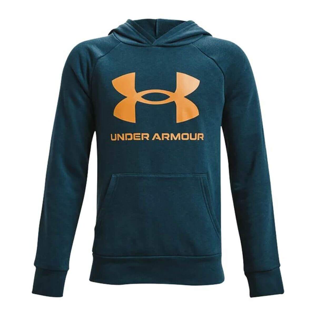 Children’s Under Armour Rival Fleece Hoodie in cyan, perfect for outdoor adventures and camping, available at revlando.com.