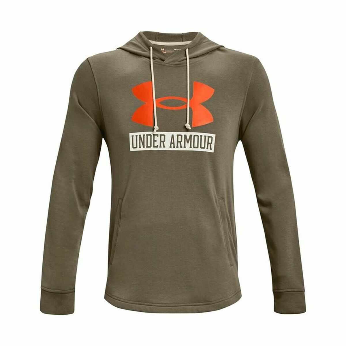 Men's khaki Under Armour hoodie for outdoor adventures and camping from revlando.com.