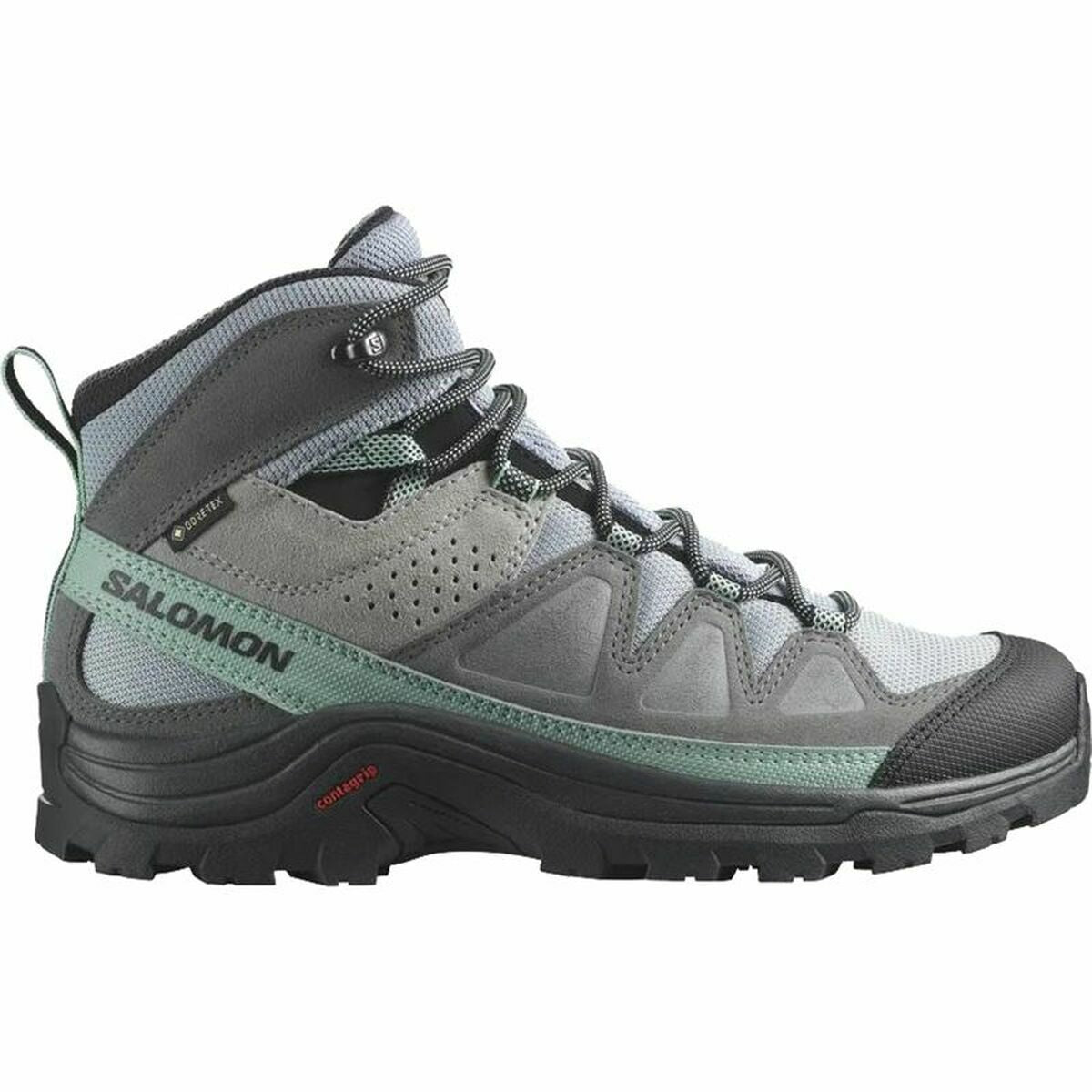 Salomon Quest Rove Gore-Tex hiking boots for women in grey, ideal for outdoor adventures and camping.