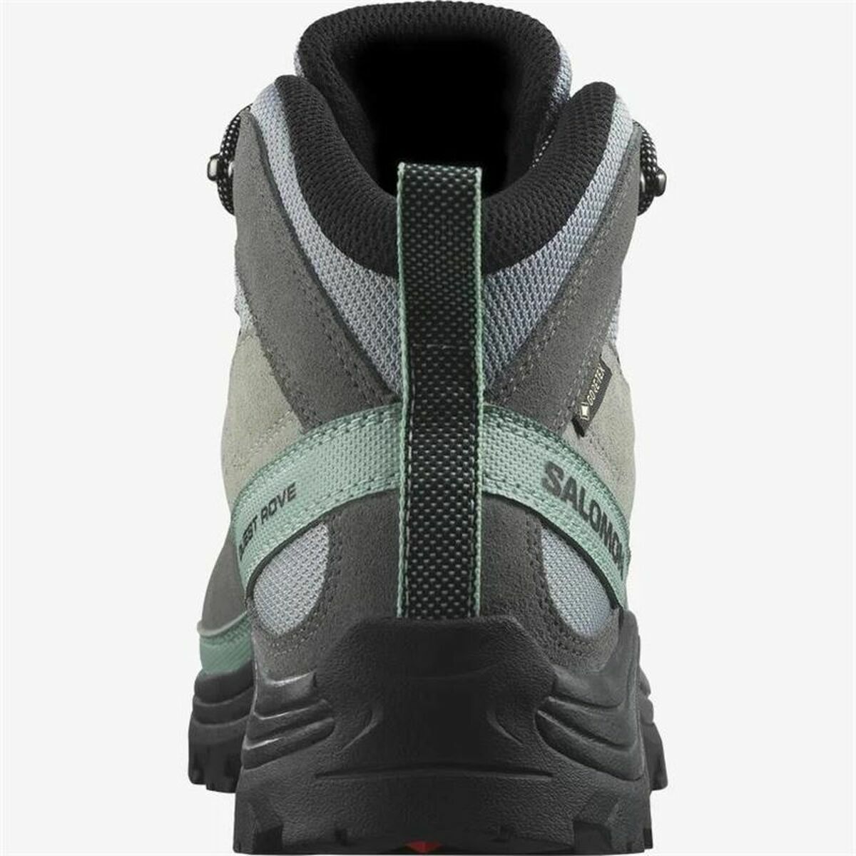 Salomon Quest Rove Gore-Tex hiking boots for women in grey, ideal for outdoor adventures and camping.