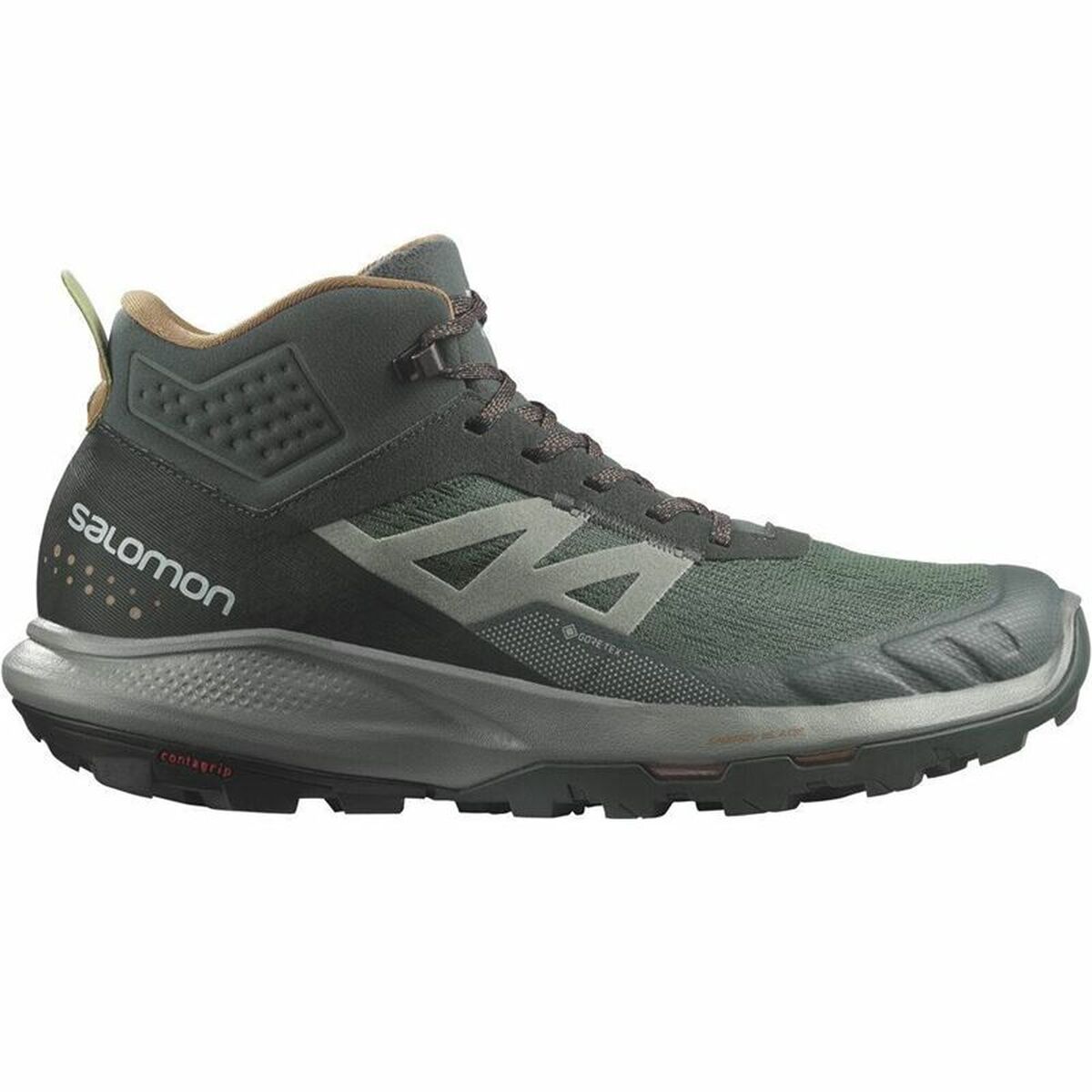 Salomon Outpulse Mid Gore-Tex hiking boots in Urban Grey for outdoor adventures and camping.