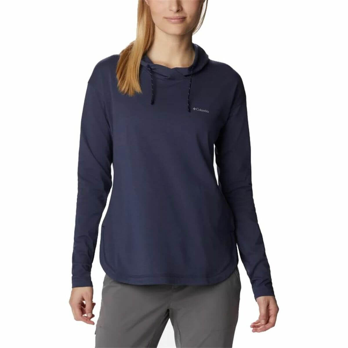 Women's Columbia Sun Trek™ Navy Blue Hoodie for outdoor adventures and camping available at revlando.com.