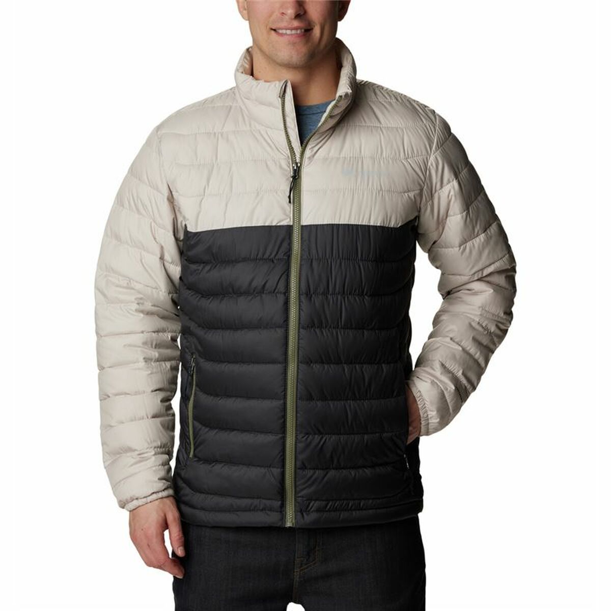 Men's Columbia Powder Lite™ beige and dark jacket, ideal for outdoor sports and camping adventures.