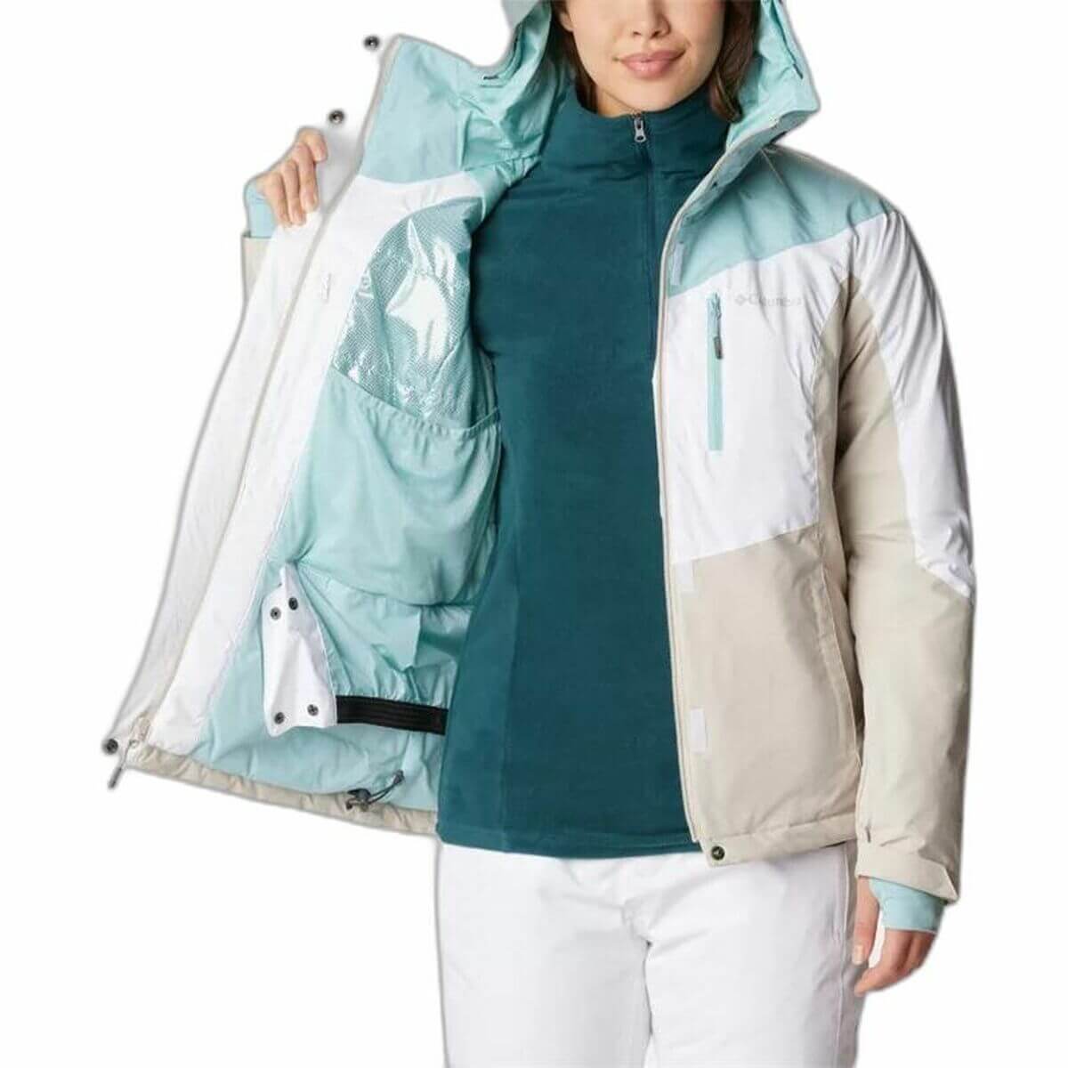 Inside view of the Columbia Rosie Run™ Ski Jacket for ladies, showcasing its water-repellant and thermal lining features.