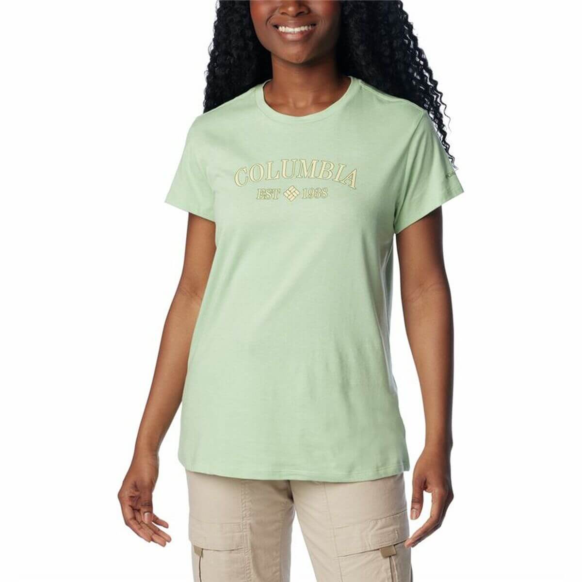 Women’s Columbia Graphic Short Sleeve T-Shirt in light green, perfect for outdoor adventures and camping.