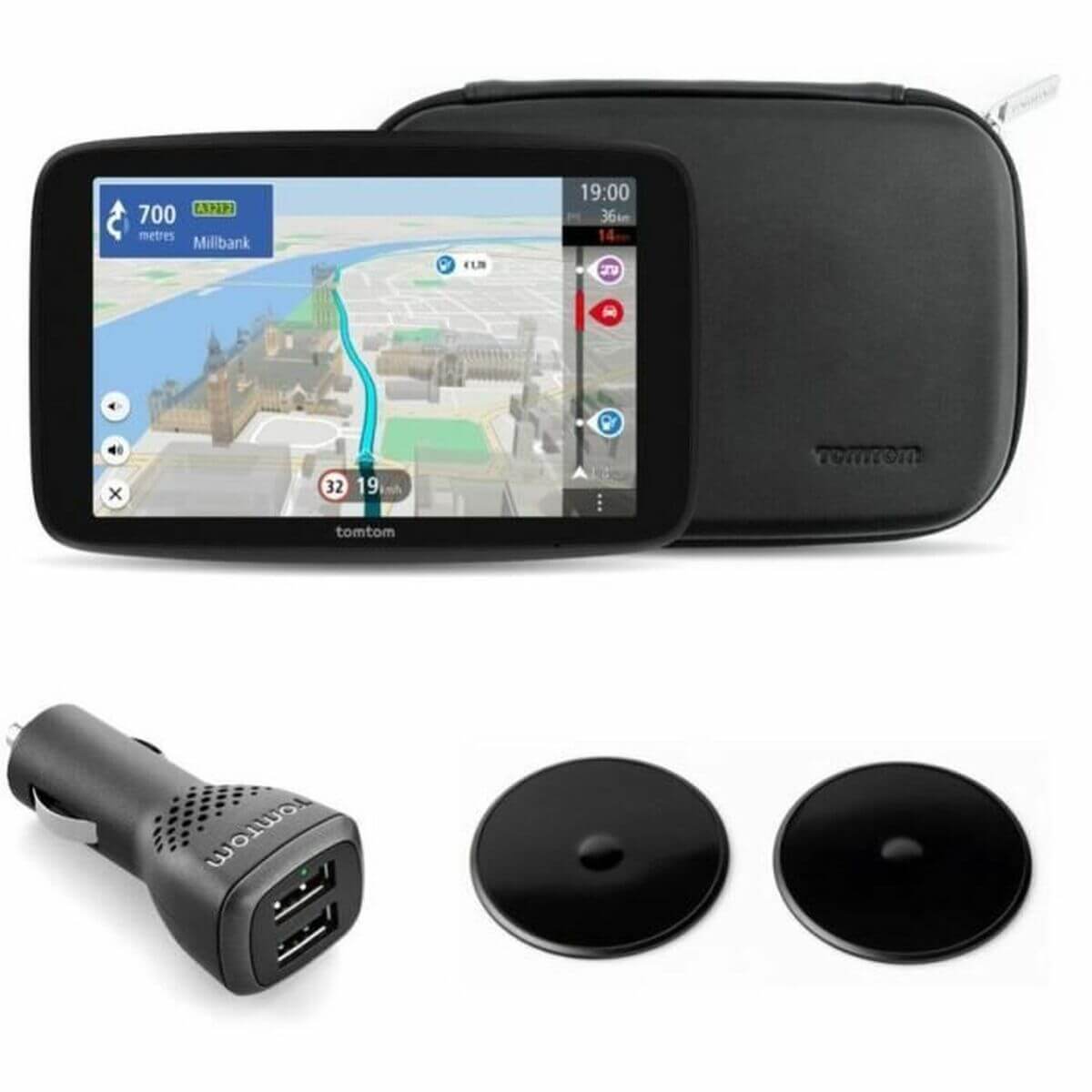 TOM TOM GO Camper Max 2 Gen GPS navigator with touchscreen, car charger, and mounting accessories for outdoor adventures.