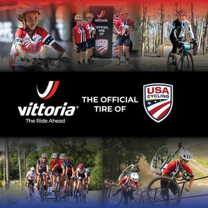 Collage of cyclists and USA Cycling branding featuring Vittoria, the official tire of USA Cycling.