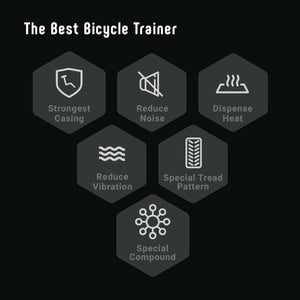 Infographic highlighting features of the best bicycle trainer: strongest casing, noise reduction, heat dispersion, vibration reduction, special tread pattern, special compound.