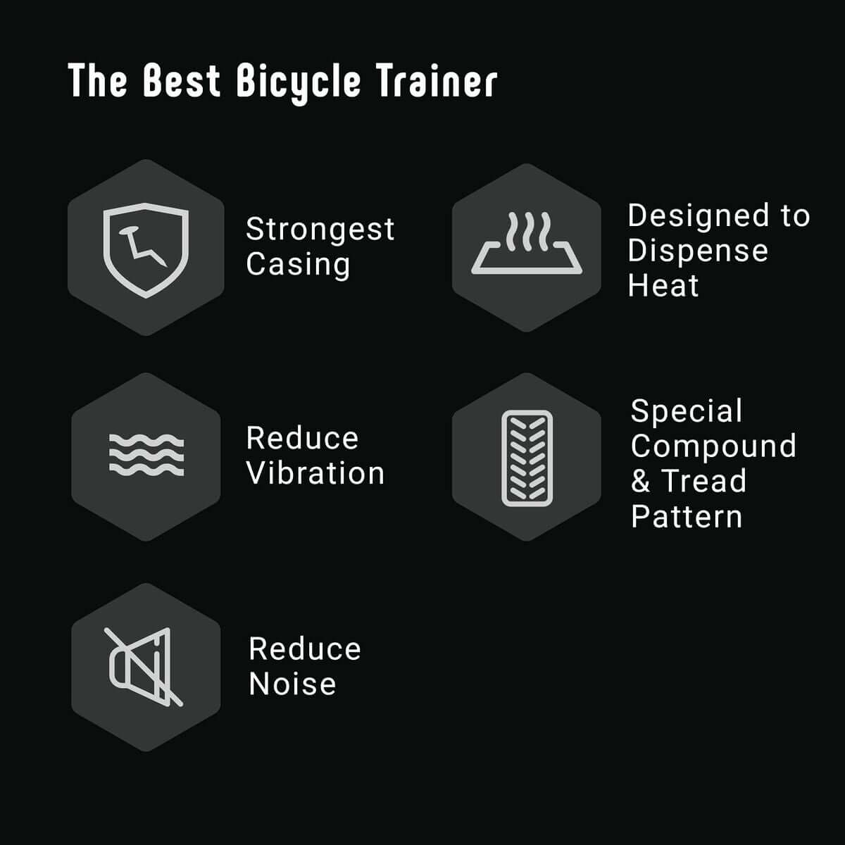 Features of the best bicycle trainer: strong casing, heat dispersion, vibration reduction, special tread pattern, and noise reduction.