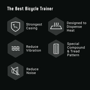 Features of the best bicycle trainer: strong casing, heat dispersion, vibration reduction, special tread pattern, and noise reduction.