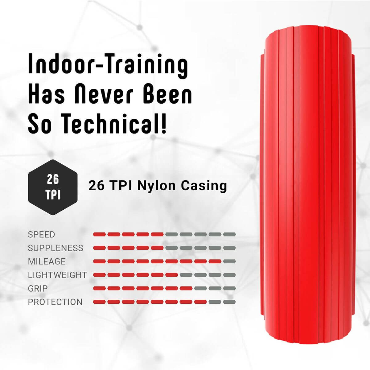 Red indoor training cover featuring 26 TPI nylon casing for speed, suppleness, and grip protection.