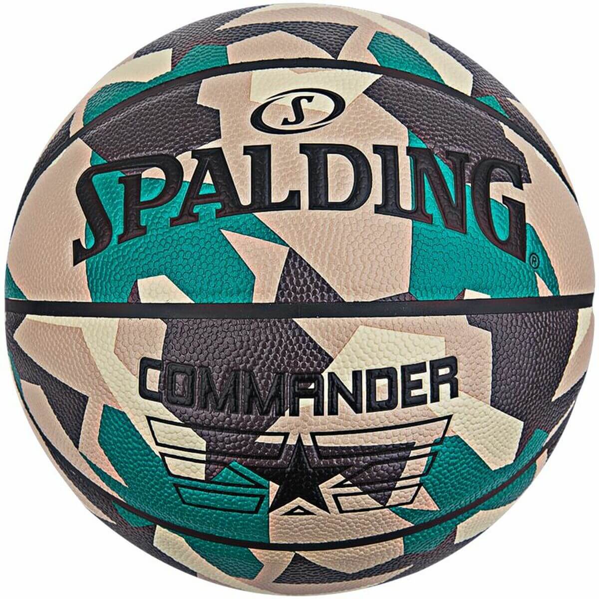 Spalding Commander basketball in brown and teal camouflage design, perfect for outdoor sports and adventures.