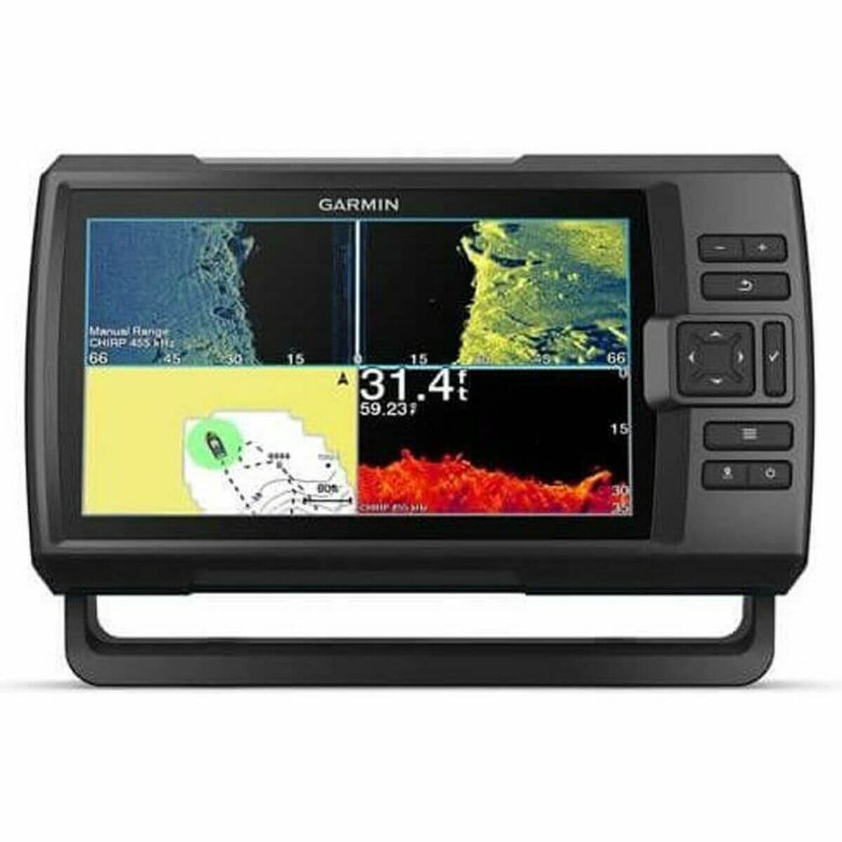 GARMIN STRIKER Vivid 9sv fish finder displaying underwater views with sonar reports, ideal for outdoor adventures and camping.