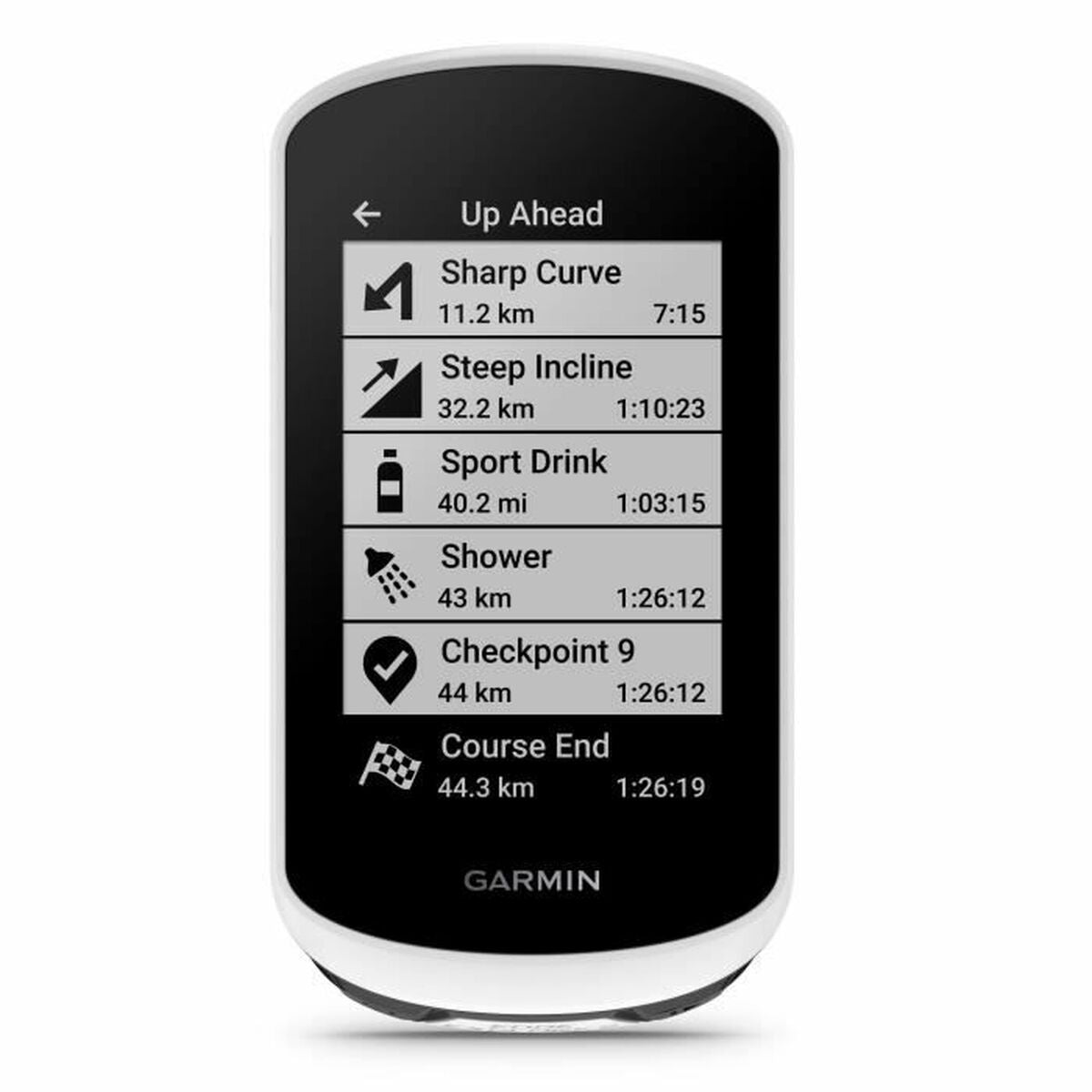 Garmin Edge Explore 2 cyclocomputer screen displaying navigation and checkpoint features for outdoor adventures.