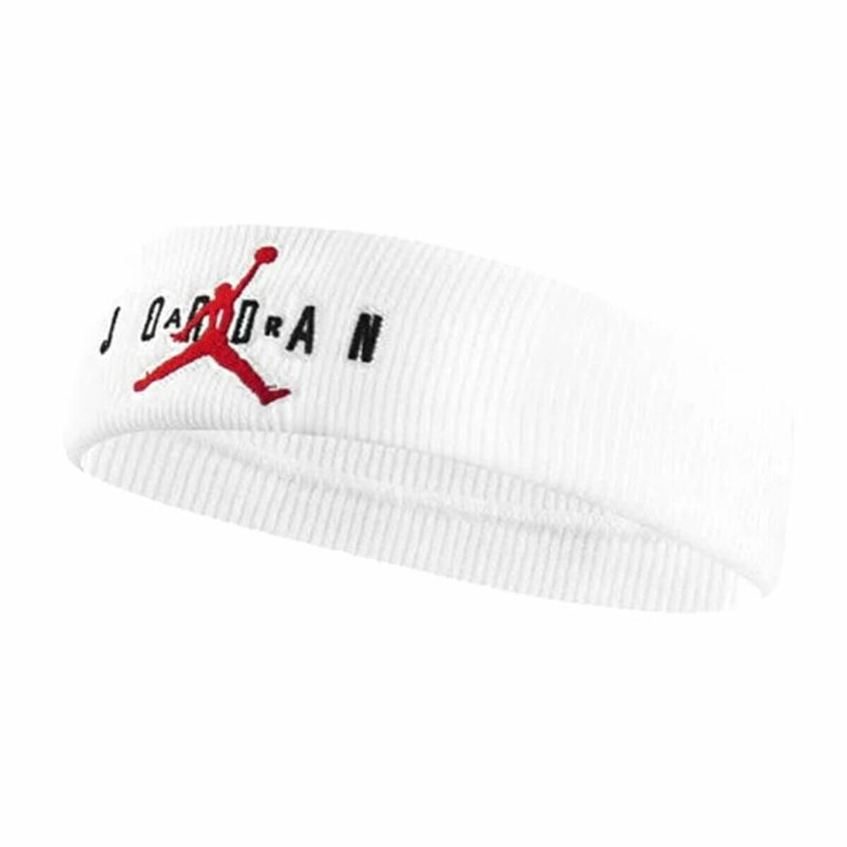White Jordan Jumpan Terry sports strip headband for outdoor adventures. Unisex, one size fits all, available at revlando.com.