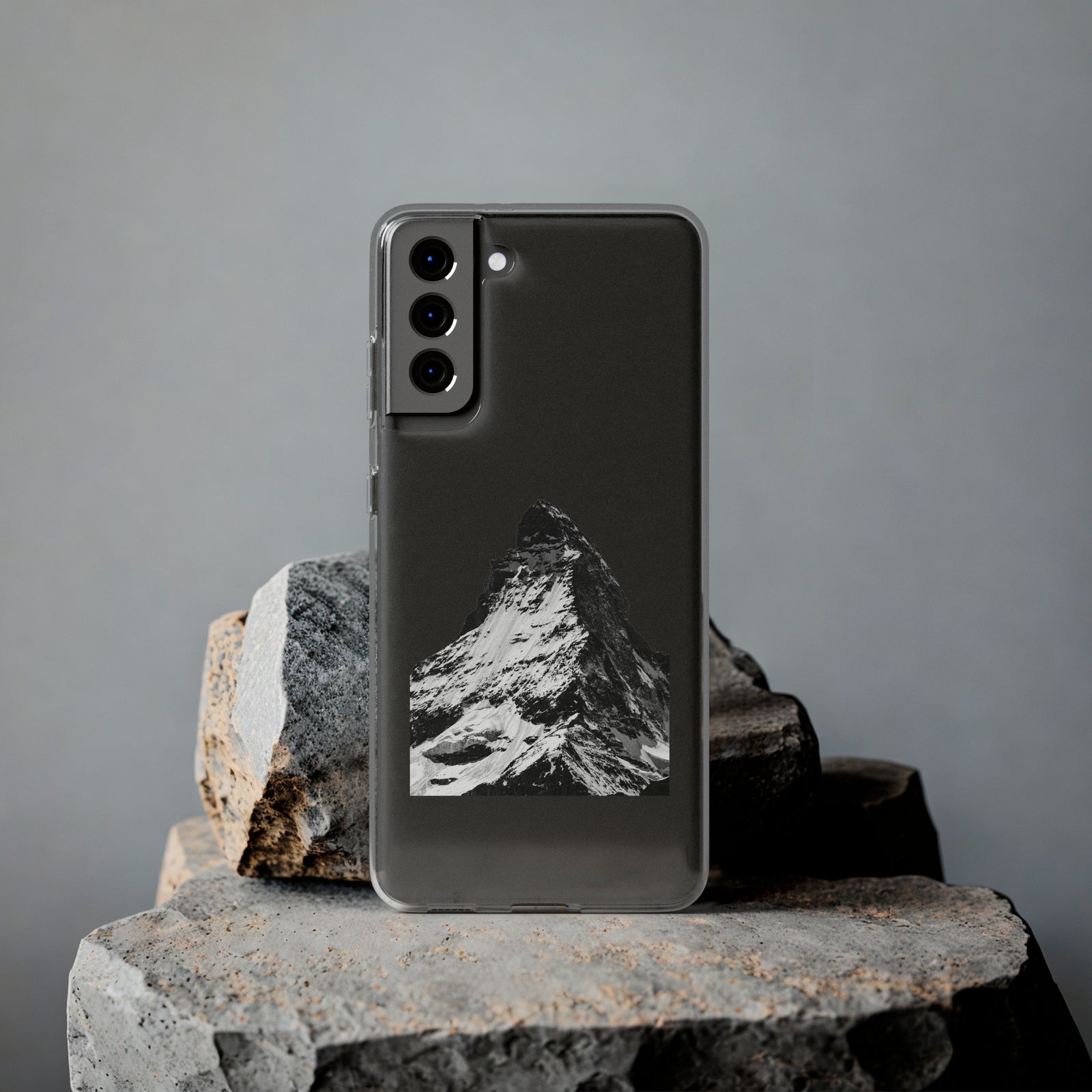 Clear TPU phone case featuring a mountain design, perfect for outdoor and camping adventures. Available at revlando.com.