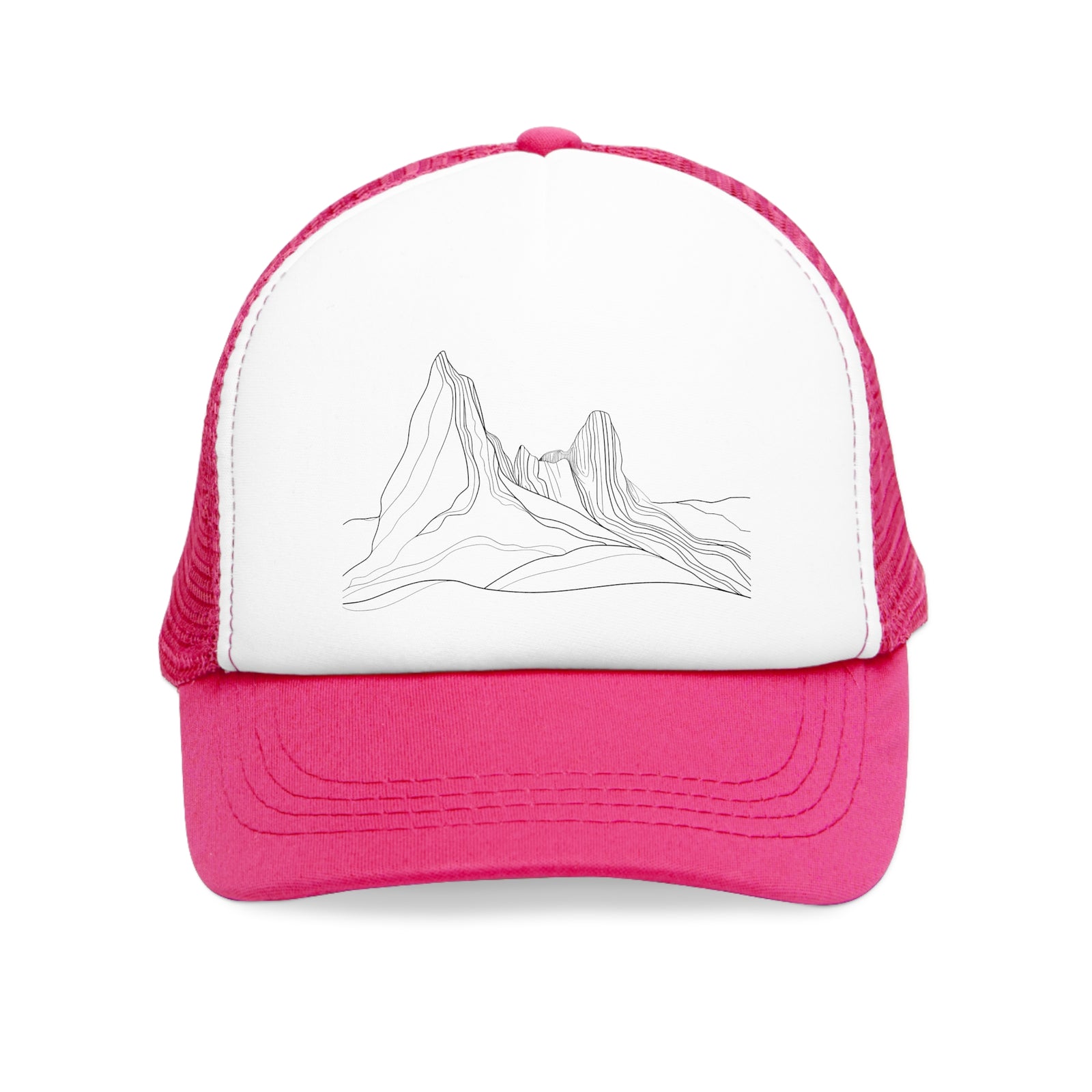 Pink mesh cap with mountain graphic, perfect for outdoor adventures and camping. Available at revlando.com.