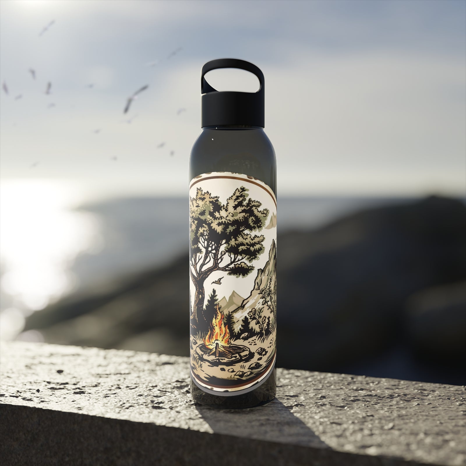 Sky Water Bottle on a stone surface near a lakeside, perfect for outdoor adventures and camping.