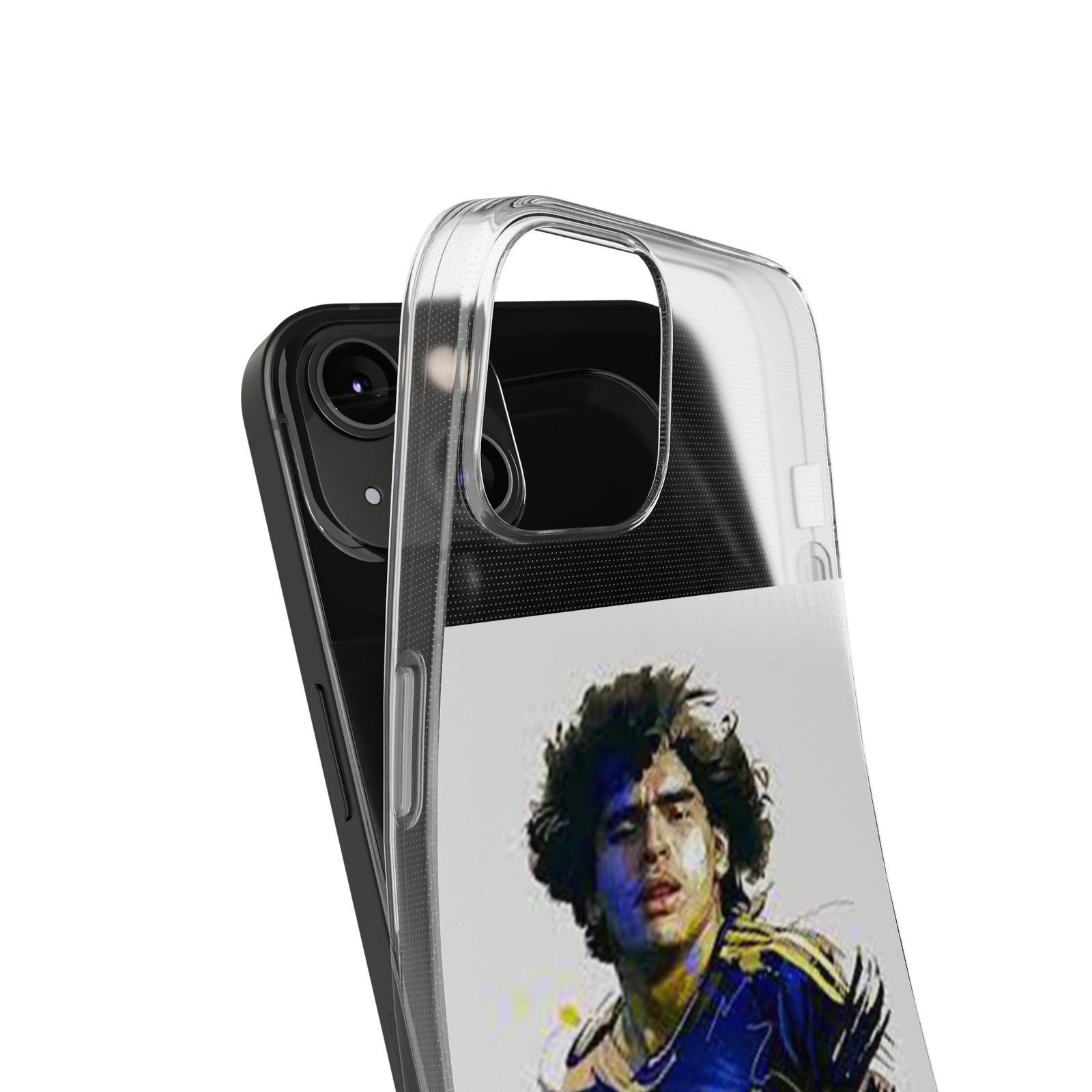Clear TPU phone case featuring Maradona's artwork, ideal for outdoor adventures and camping. Available at revlando.com