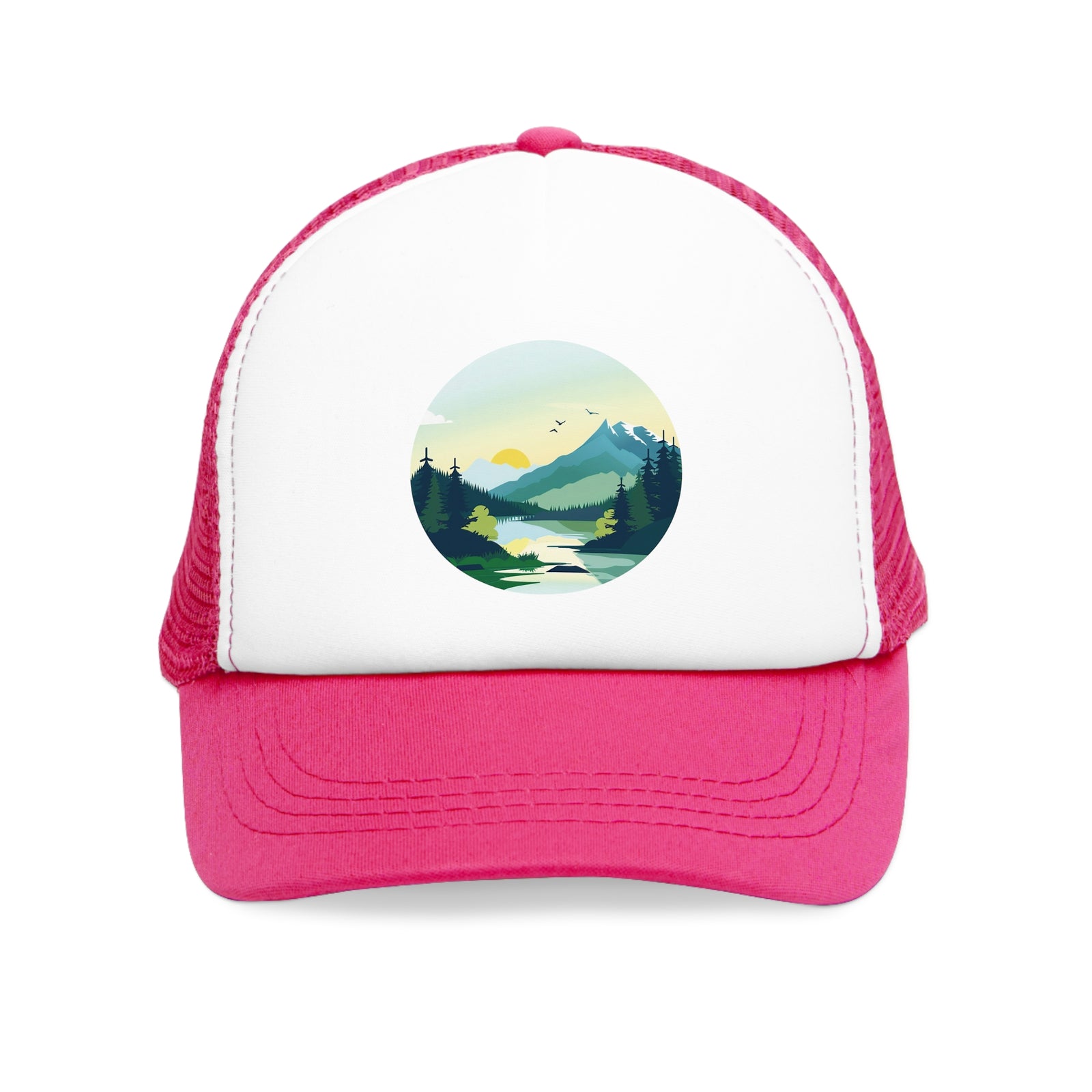 Pink mesh cap with a scenic mountain and river design, perfect for outdoor adventures and camping.