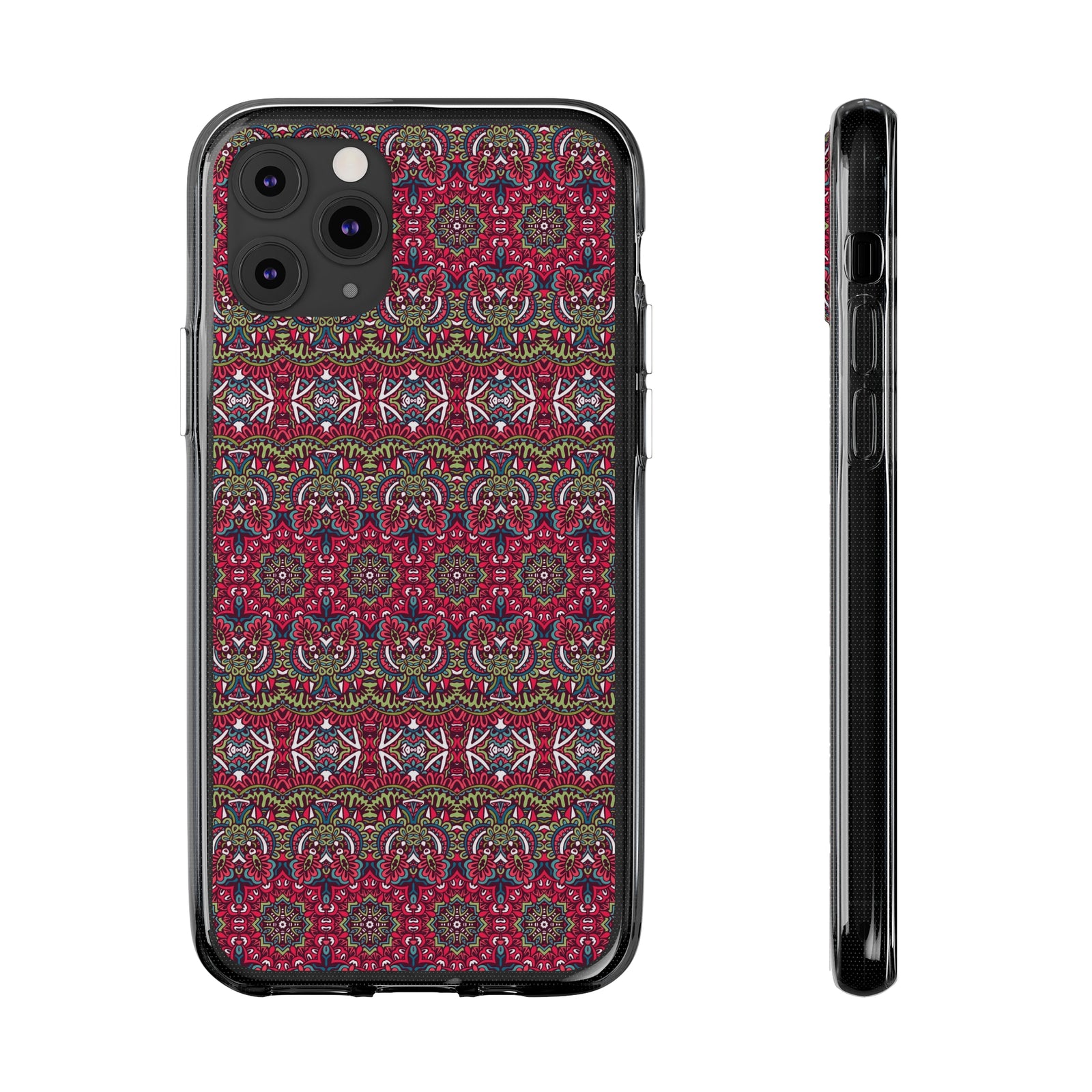 Red mandala patterned phone case showcasing vibrant design, ideal for outdoor adventures and customization.
