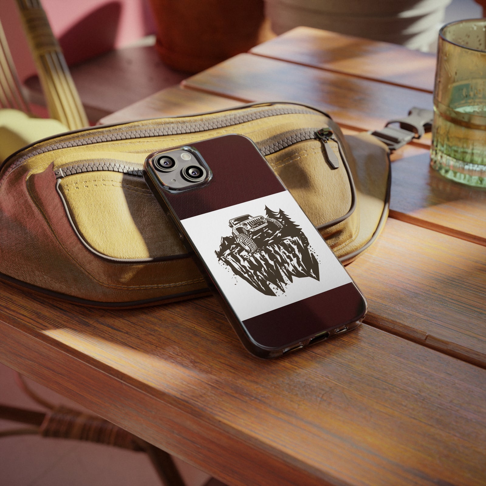 Phone case with Jeep design on rocky background, perfect for outdoor adventure and camping enthusiasts, revlando.com.